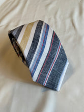 Load image into Gallery viewer, Men’s Necktie in Blue and Yellow Linen Stripe