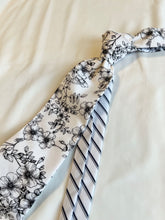 Load image into Gallery viewer, Men’s Necktie in Black and White Floral and Stripe