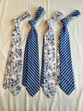 Load image into Gallery viewer, Men’s Necktie in Blue and White Floral and Stripe