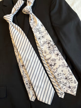 Load image into Gallery viewer, Men’s Necktie in Black and White Floral and Stripe