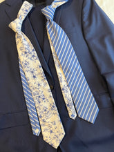 Load image into Gallery viewer, Men’s Necktie in Blue and White Floral and Stripe