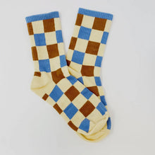 Load image into Gallery viewer, Women’s Socks | Blue and Brown | Checks and Stripes