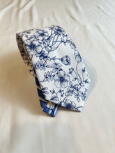Load image into Gallery viewer, Men’s Necktie in Blue and White Floral and Stripe