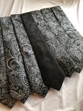 Load image into Gallery viewer, Men’s Satin Necktie in Black and White Paisley