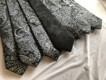 Load image into Gallery viewer, Men’s Satin Necktie in Black and White Paisley