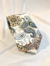 Load image into Gallery viewer, Men’s Cotton Necktie in Blue + Tan Paisley