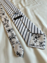 Load image into Gallery viewer, Men’s Necktie in Black and White Floral and Stripe
