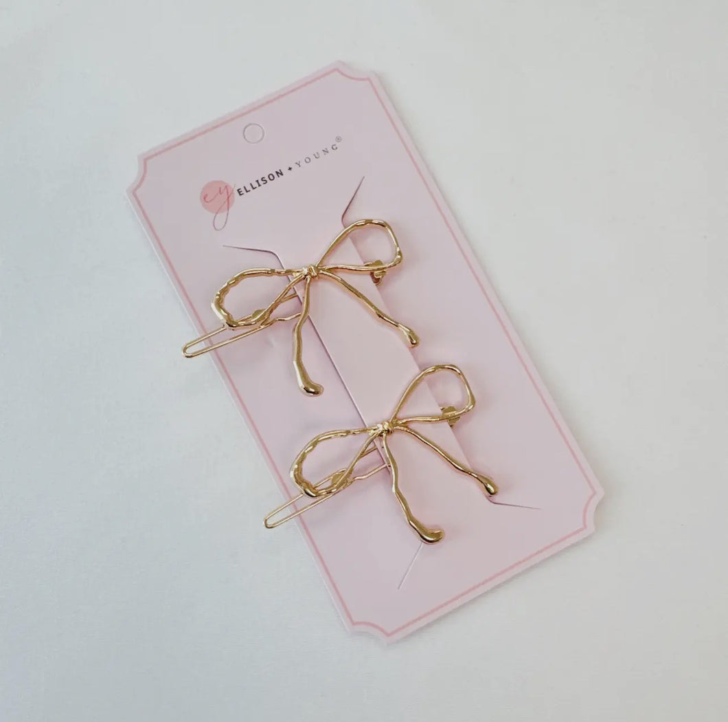 Set of 2 Wobbly Gold Metal Bow Barrette Clips