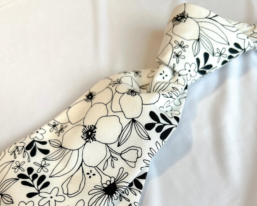 Necktie in Black and White Floral Anemone | White